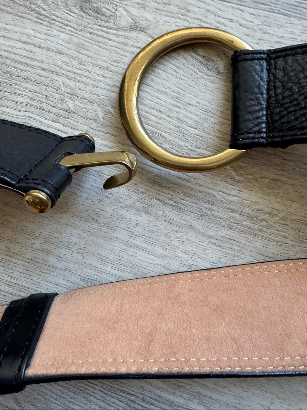WCM New York Leather Black & Gold Tone Metal Boho Large Hook & Buckle Belt LARGE